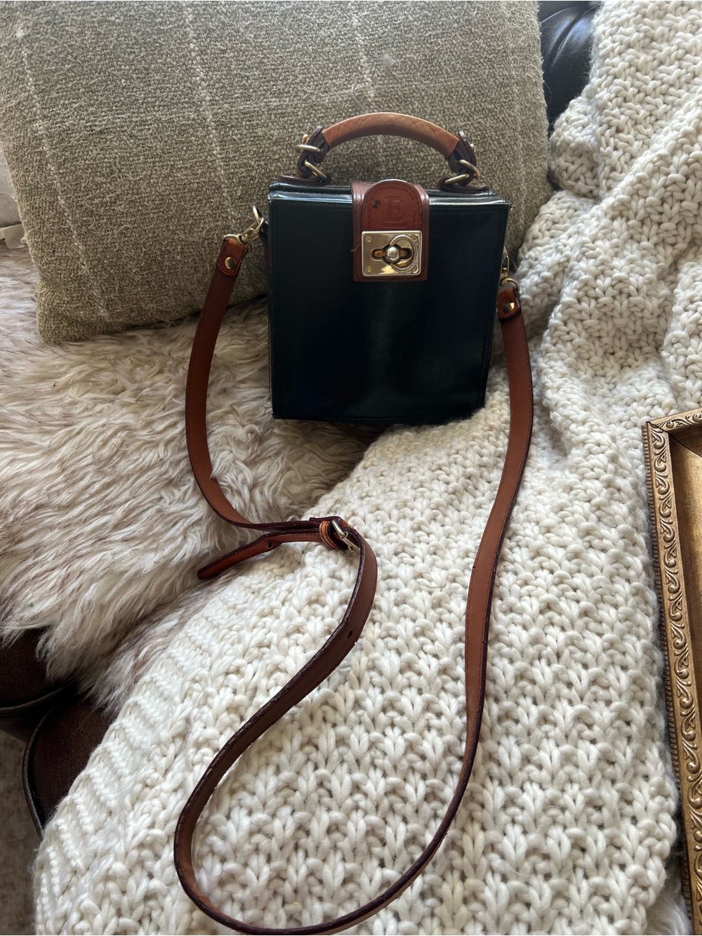 Vintage leather Black Box Crossbody with Brown Leather Trim